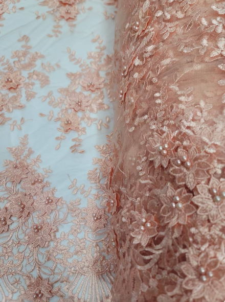Peach Beaded Lace 3d Floral Flowers Embroidered on Mesh Sequin Pearls Prom Fabric Sold by the Yard Gown Bridal Quinceañera