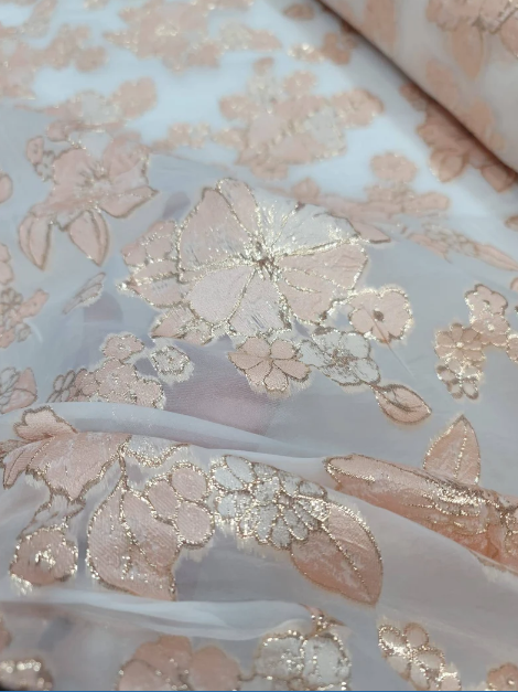 Blush Brocade Flowers on French Organza Prom Fabric - Sold by the Yard - Perfect for Wedding Gowns and Bridal Evening Dresses