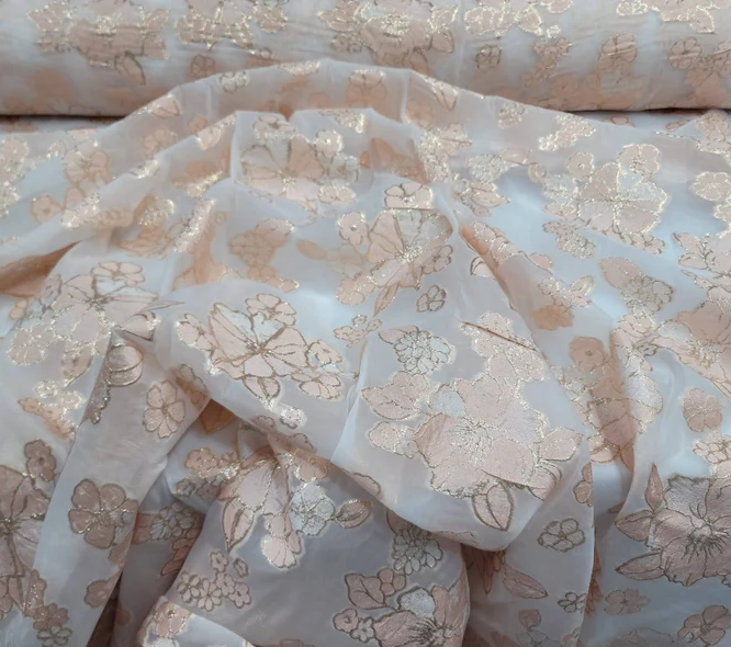 Blush Brocade Flowers on French Organza Prom Fabric - Sold by the Yard - Perfect for Wedding Gowns and Bridal Evening Dresses