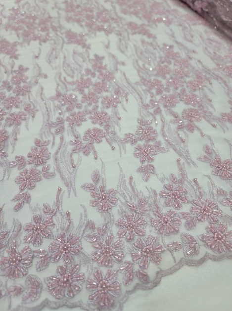 Pink Beaded Lace Embroidery Lilac On Mesh Prom Fabric Sold by The Yard Gown Quinceañera Bridal