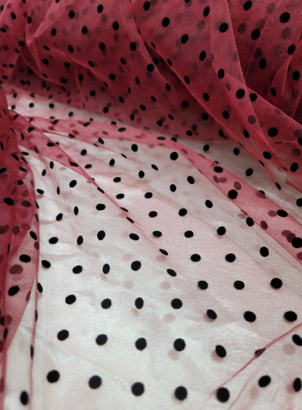 Black Polka-dot On Nude Mesh or Burgundy Mesh Tulle Stretch Fabric - Choose Color - By The Yard - Gown Prom Bridal Backdrop