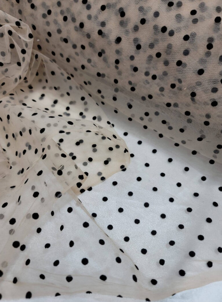 Black Polka-dot On Nude Mesh or Burgundy Mesh Tulle Stretch Fabric - Choose Color - By The Yard - Gown Prom Bridal Backdrop