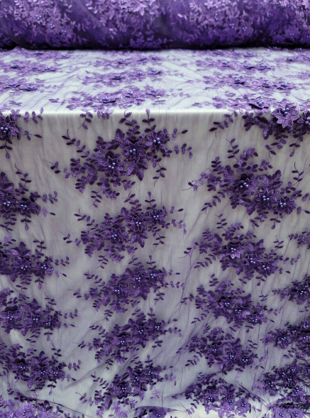 Purple Beaded Lace 3d Floral Flowers Embroidered on Mesh Sequin Pearls –  GENERAL TEXTILES INC DBA SMART FABRICS