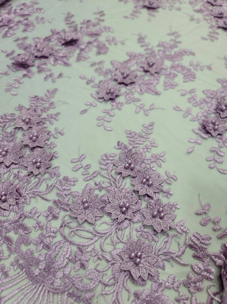 Lace For Bridal Quinceañera Lace 3d Floral Flowers Lavender Embroidery Pearls On Mesh Fabric Sold By The Yard Prom