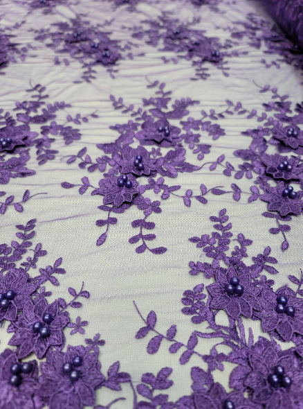 Purple Beaded Lace 3d Floral Flowers Embroidered on Mesh Sequin Pearls Prom Fabric Sold by the Yard Gown Bridal Quinceañera
