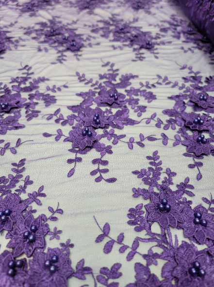 Purple Beaded Lace 3d Floral Flowers Embroidered on Mesh Sequin Pearls Prom Fabric Sold by the Yard Gown Bridal Quinceañera