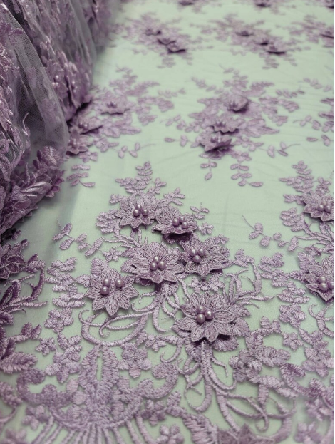 Lace For Bridal Quinceañera Lace 3d Floral Flowers Lavender Embroidery Pearls On Mesh Fabric Sold By The Yard Prom