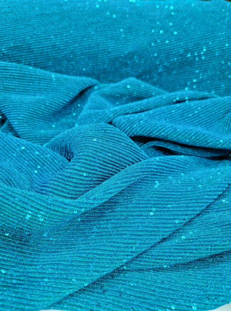 Teal Blue Pleated Stretch Spandex Lame Embroidery Sequin Fabric By The Yard Gown