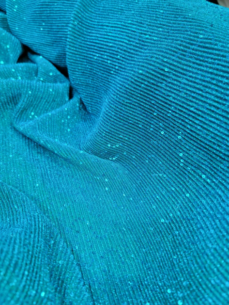 Teal Blue Pleated Stretch Spandex Lame Embroidery Sequin Fabric By The Yard Gown