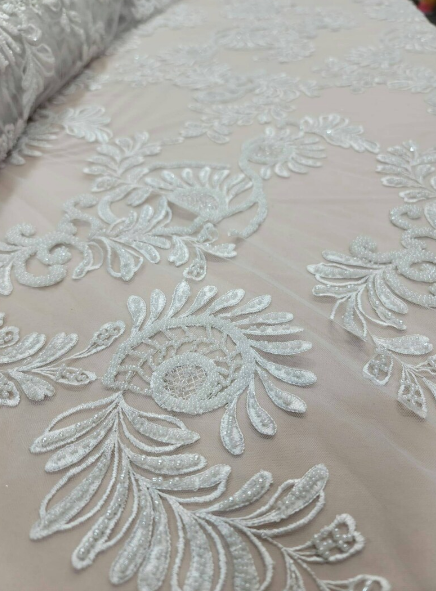 Off White Hand Beaded Bridal Lace Fabric Sold By The Yard Wedding Gown Floral Flowers Embroidered on Mesh Gourgeos Luxurious Wedding Lace