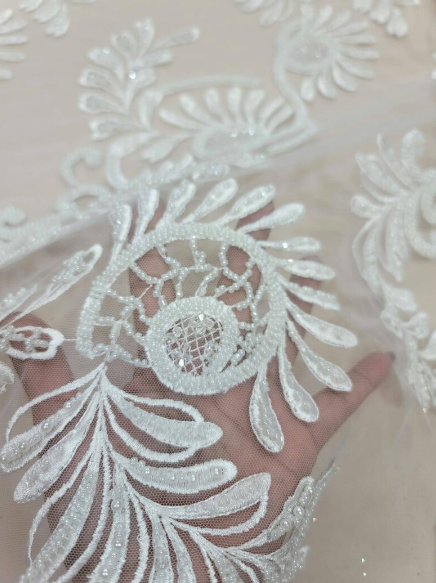 Off White Hand Beaded Bridal Lace Fabric Sold By The Yard Wedding