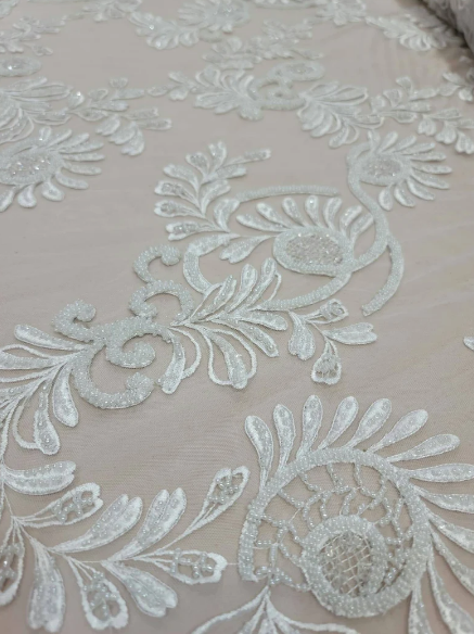 Off White Hand Beaded Bridal Lace Fabric Sold By The Yard Wedding Gown Floral Flowers Embroidered on Mesh Gourgeos Luxurious Wedding Lace