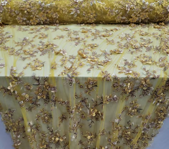 Yellow Beaded Lace 3d floral flowers Rhinestones On Mesh Embroidery Prom Fabric Sold By The Yard