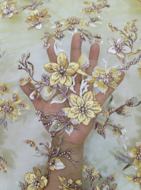 Yellow Beaded Lace 3d floral flowers Rhinestones On Mesh Embroidery Prom Fabric Sold By The Yard